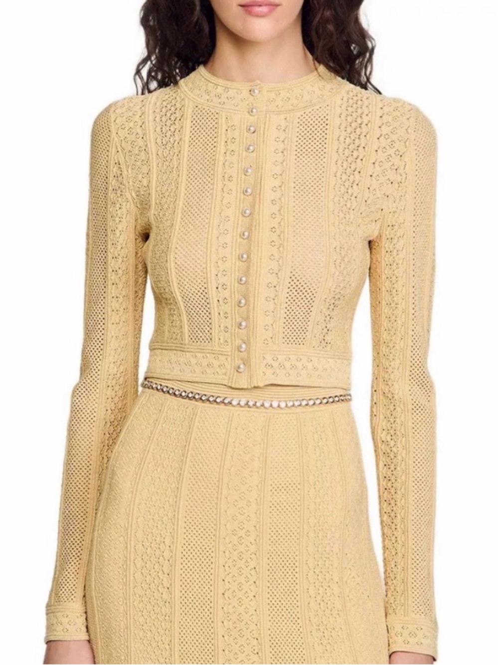 NWT Sandro Pale Yellow Pearl-Button Knit Cardigan